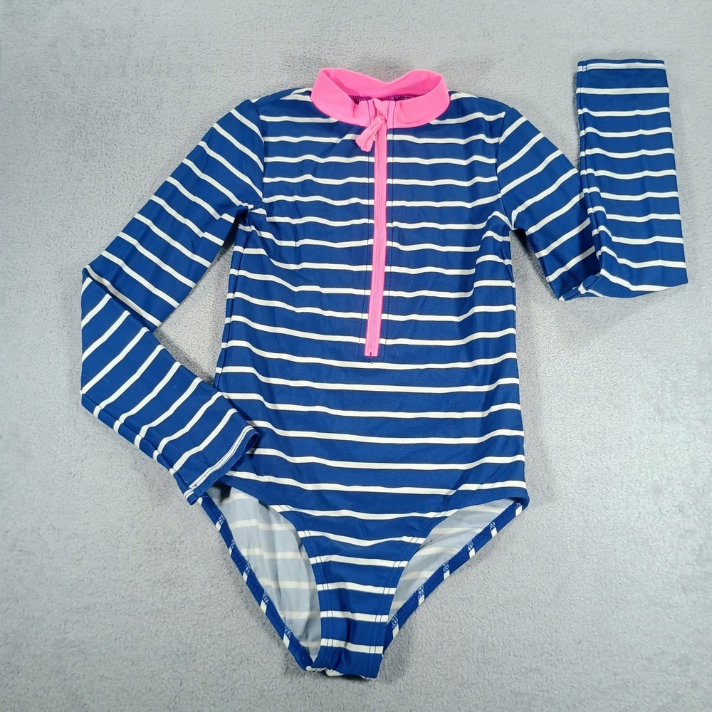 Gymboree Girls Rash Guard Swimsuit Blue White Striped Size 7 Long Sleeve